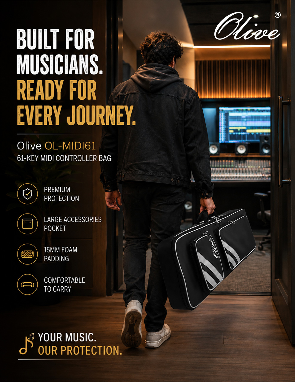 Olive OL-MIDI 61 Midi Keyboard Bag for 61 and 49 keys midi, 15mm Foam Padding, Shoulder Straps,